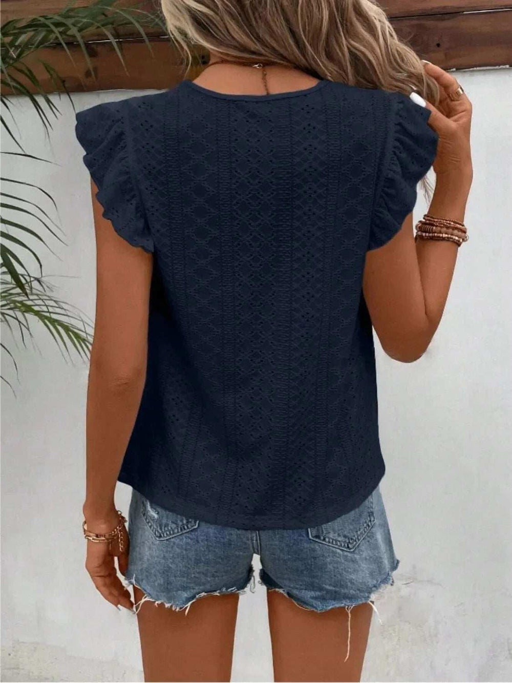 Eyelet Round Neck Cap Sleeve Top - Trendsi - Flyclothing LLC