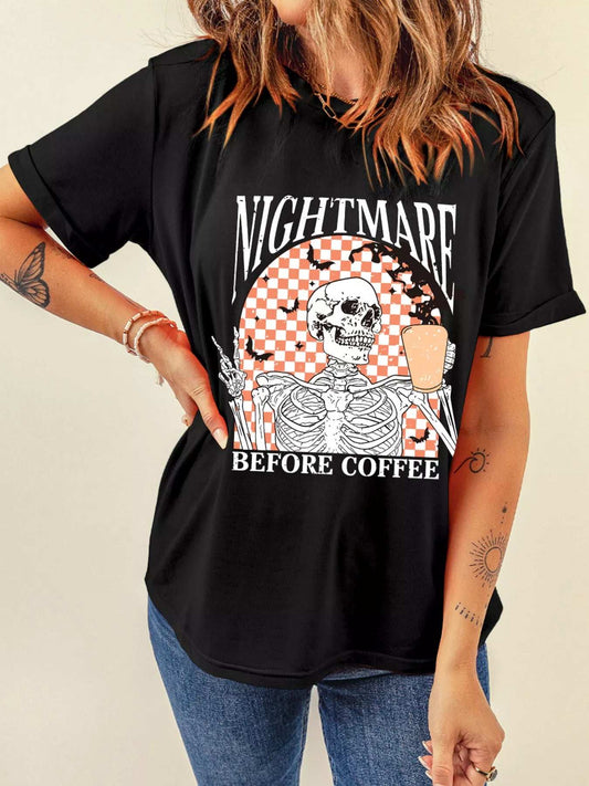 Halloween Skull Checkerboard Graphic Round Neck T-Shirt - Trendsi - Flyclothing LLC