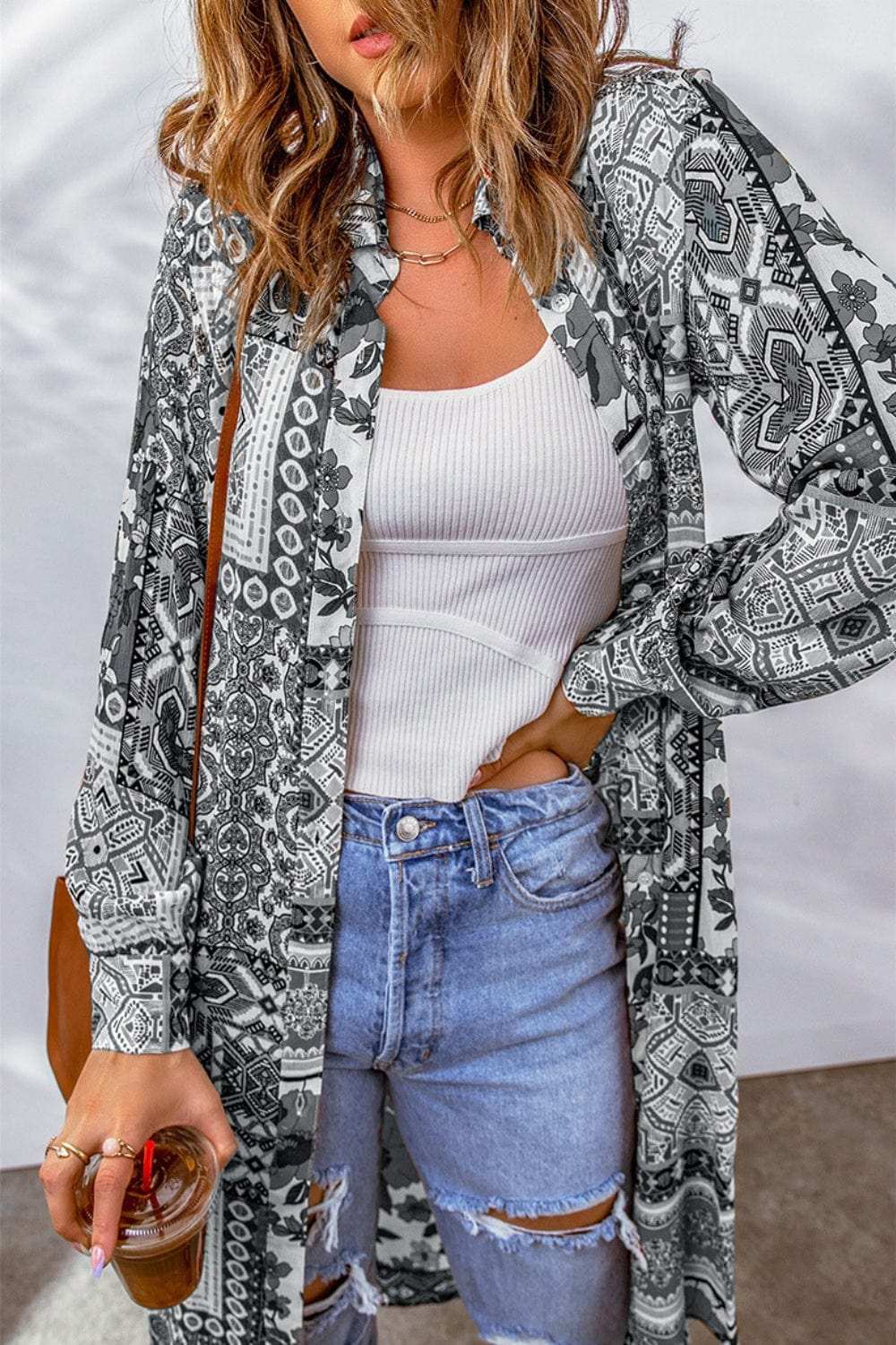 Printed Button Up Long Sleeve Cardigan - Trendsi - Flyclothing LLC