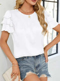 Smocked Round Neck Ruffled Layered Sleeve Blouse - Trendsi - Flyclothing LLC