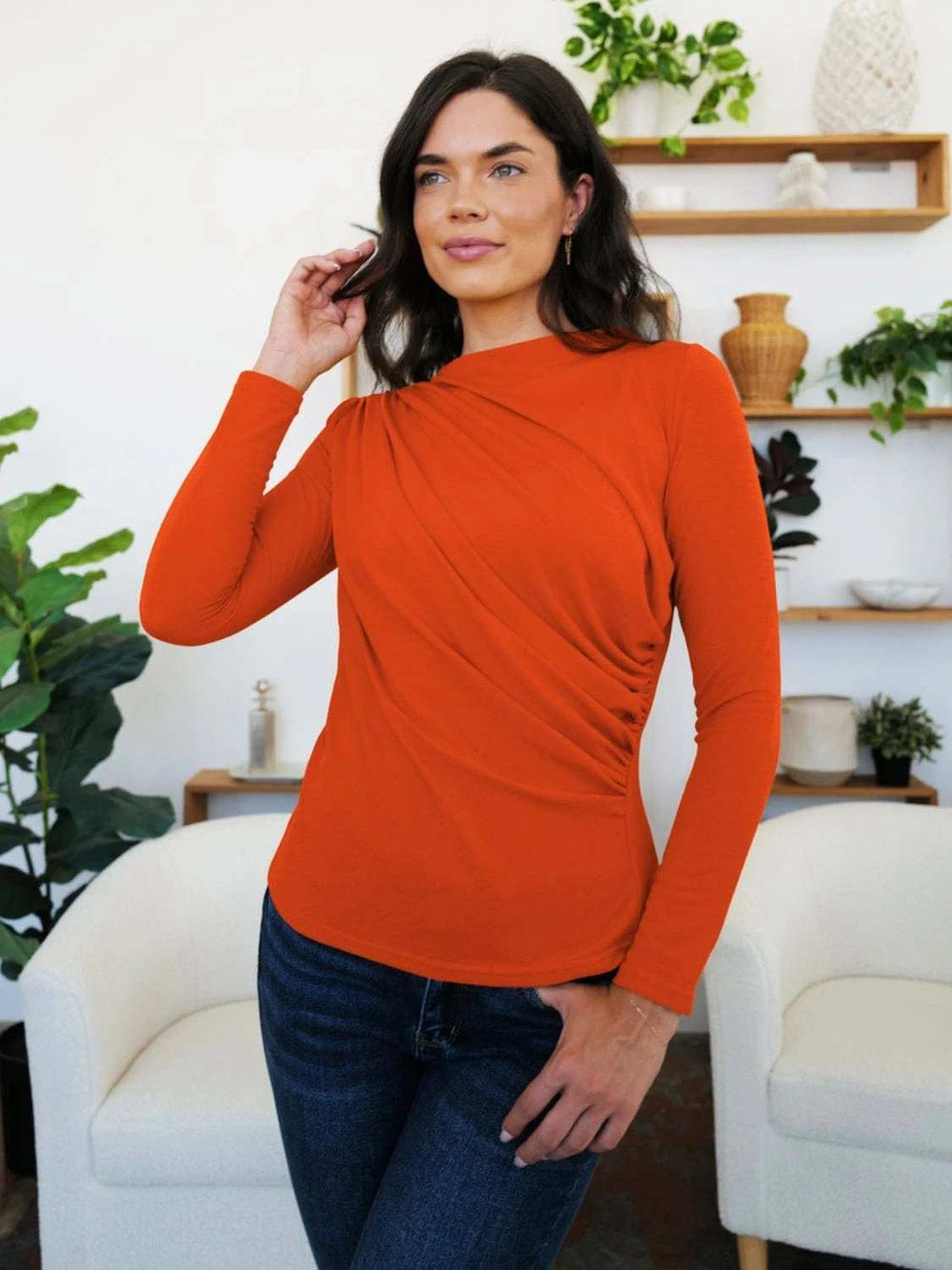 Ruched Mock Neck Long Sleeve T-Shirt - Trendsi - Flyclothing LLC