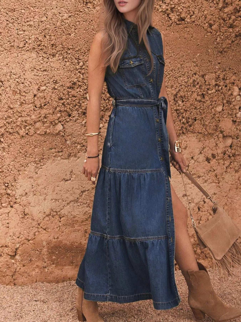 Button Front Sleeveless Denim Dress - Trendsi - Flyclothing LLC