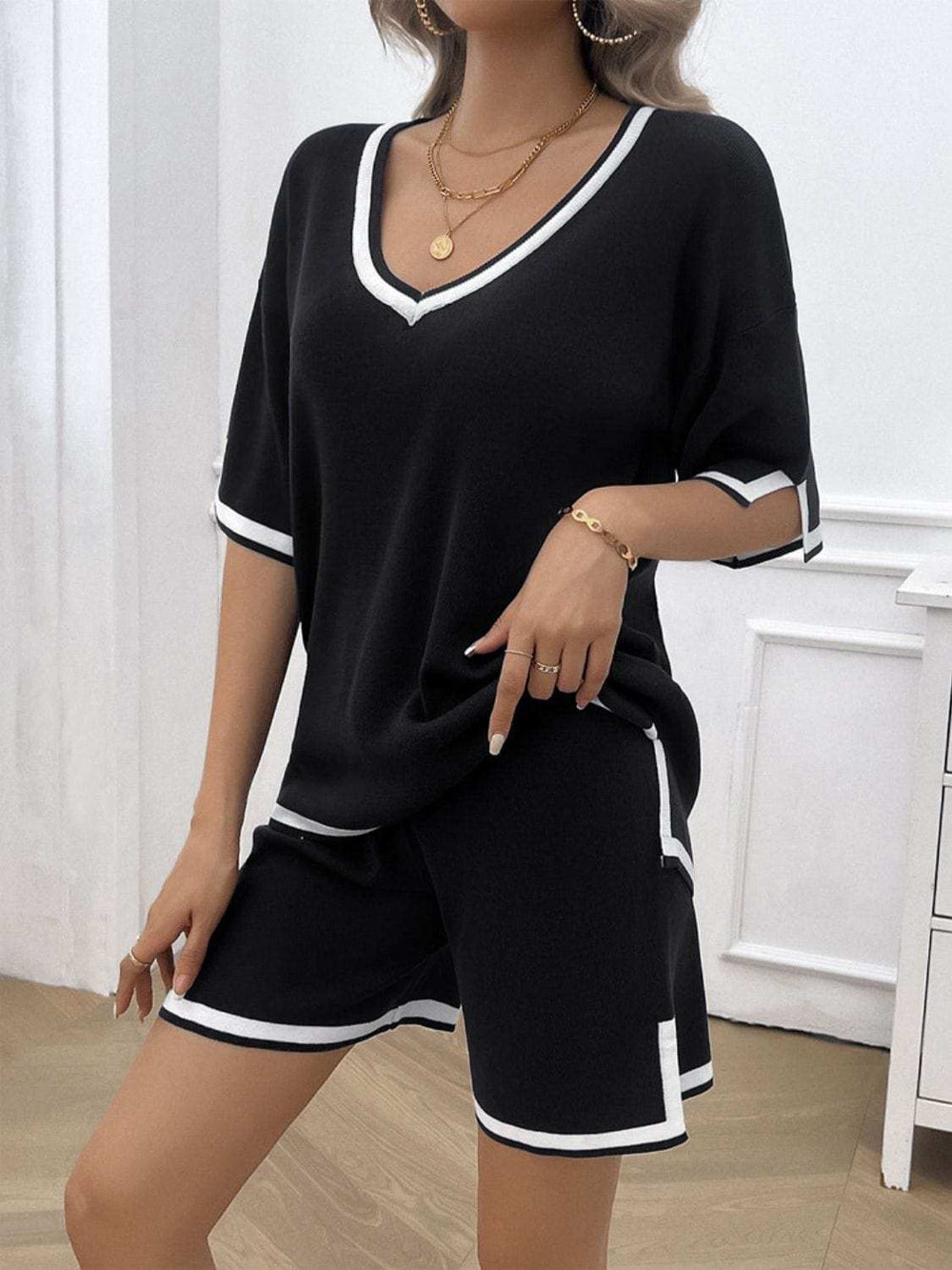 Contrast Trim V-Neck Top and Shorts Set - Trendsi - Flyclothing LLC