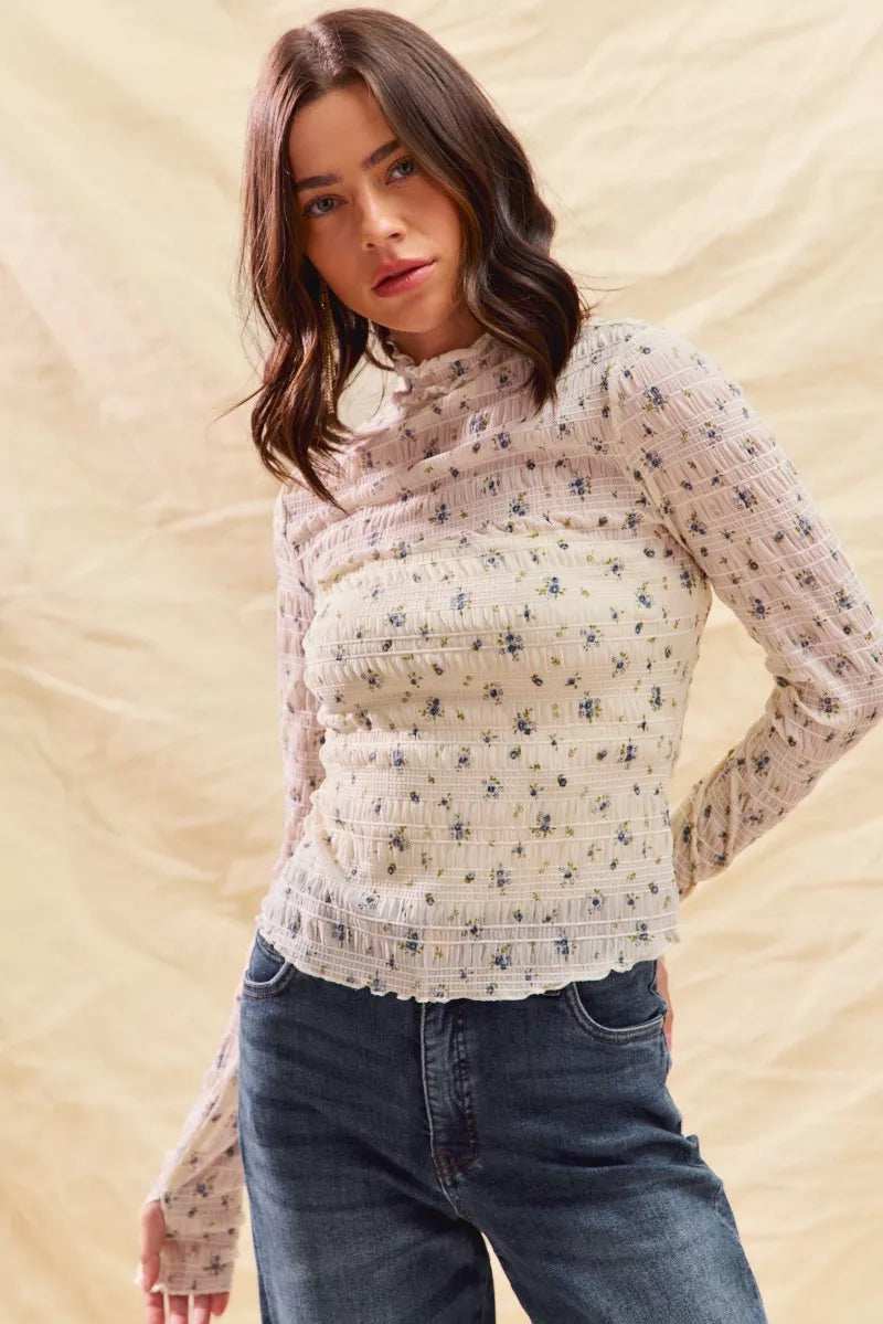 SO ME Floral Print Textured Long Sleeve Knit Top - Trendsi - Flyclothing LLC