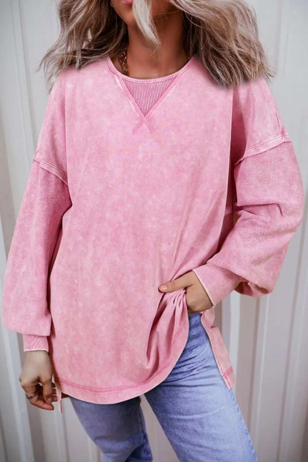 Exposed Seam Round Neck Long Sleeve Sweatshirt - Trendsi - Flyclothing LLC