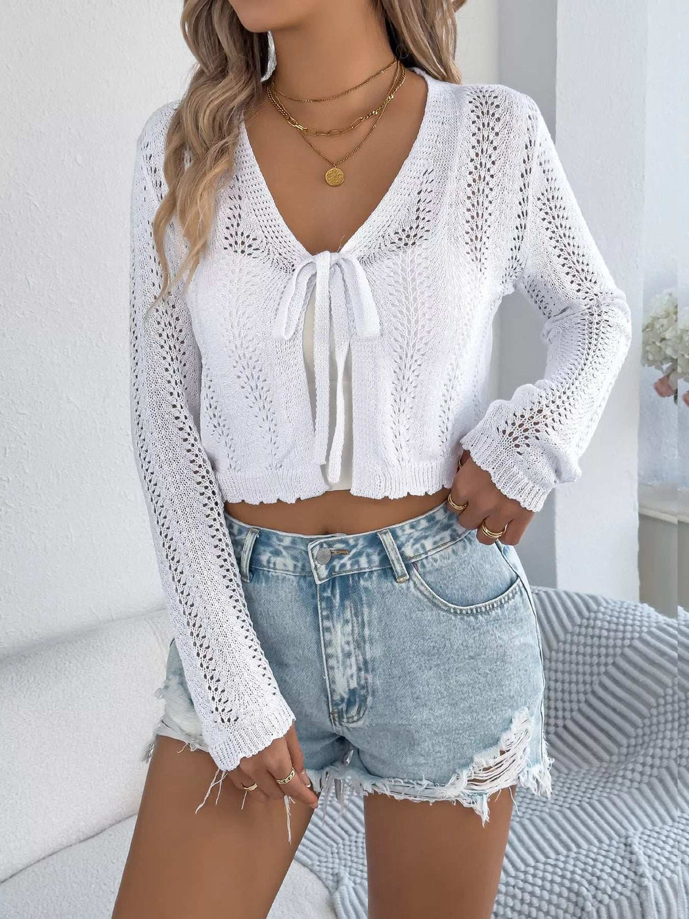 Openwork Tie Front Long Sleeve Cardigan - Trendsi - Flyclothing LLC