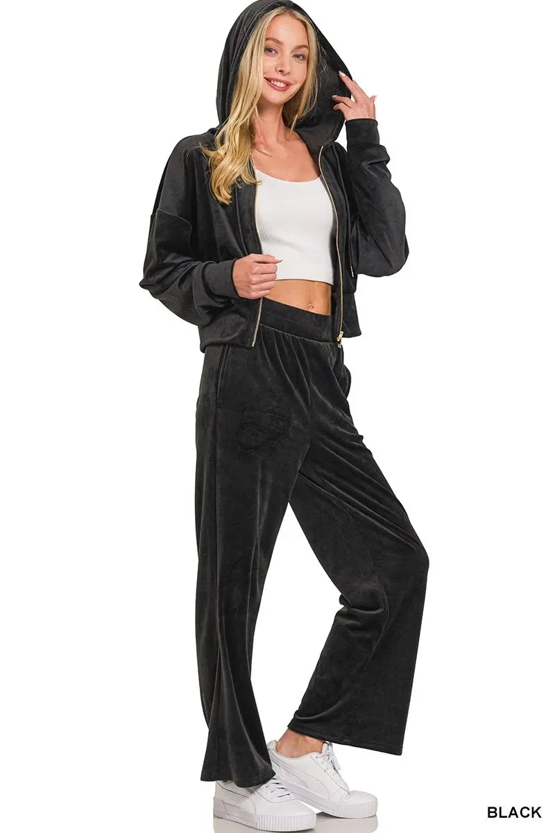 Zenana Velvet Zip Up Hoodie and Pants Set - Trendsi - Flyclothing LLC