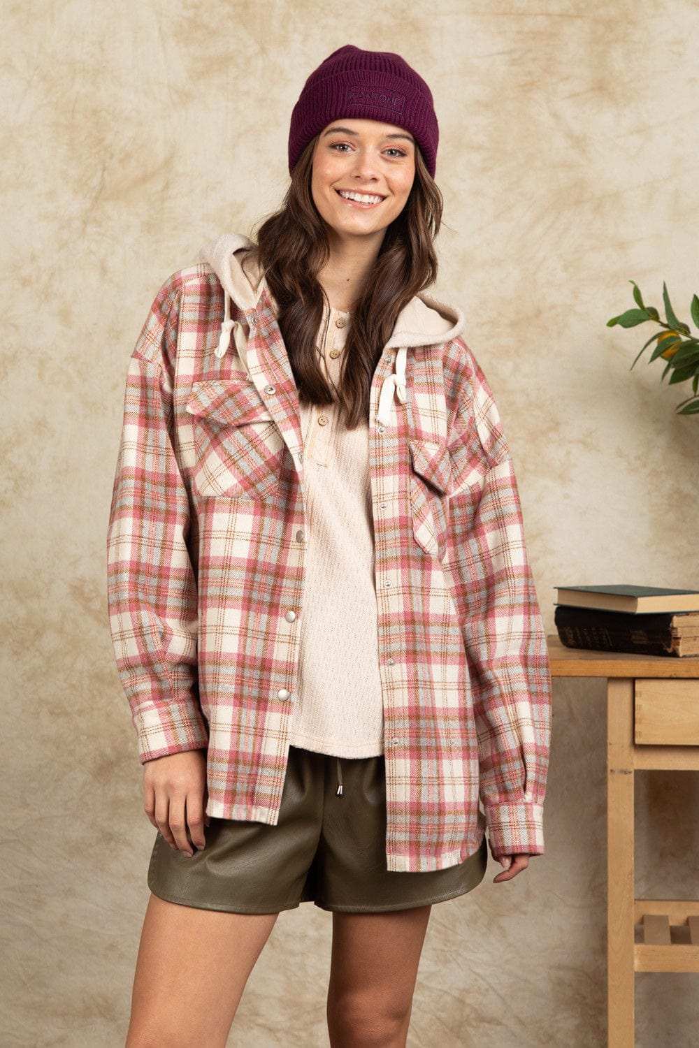 Drawstring Plaid Long Sleeve Hooded Jacket - Trendsi - Flyclothing LLC