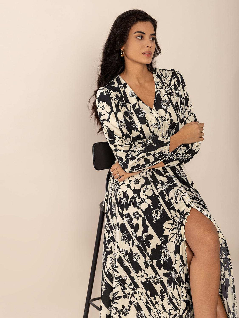 Tied Printed V-Neck Long Sleeve Midi Dress - Trendsi - Flyclothing LLC