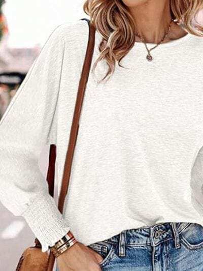 Round Neck Smocked Lantern Sleeve T-Shirt - Trendsi - Flyclothing LLC