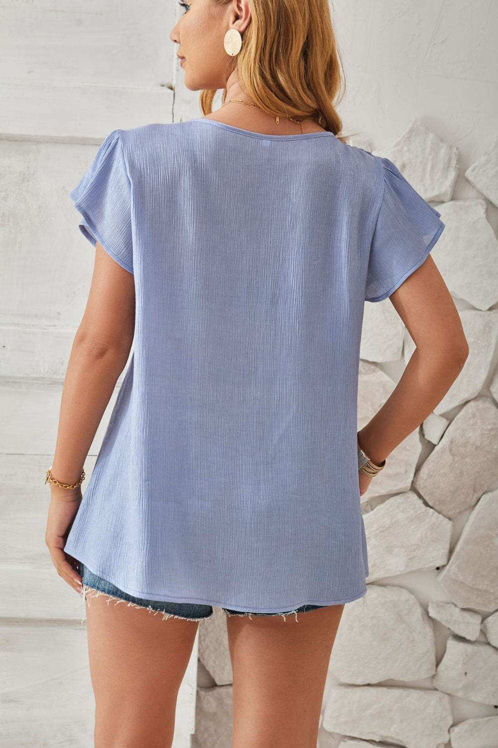 Ruched V-Neck Flounce Sleeve Blouse - Trendsi - Flyclothing LLC