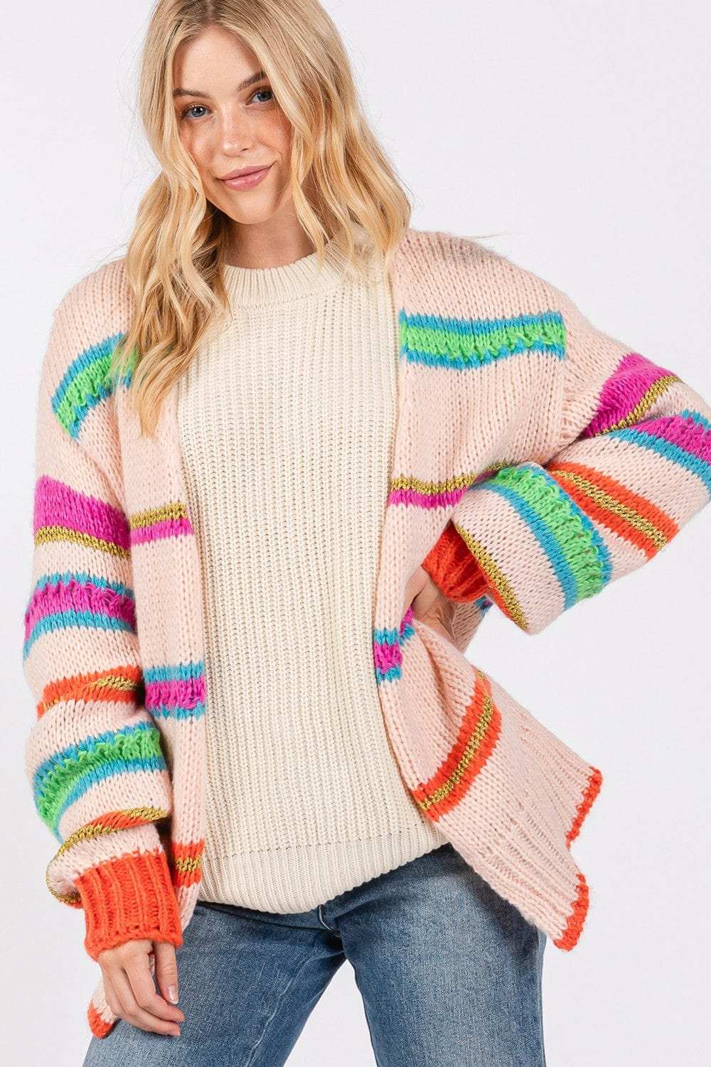 SAGE + FIG Rainbow Striped Open Front Knit Cardigan - Trendsi - Flyclothing LLC