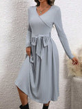 Surplice Tie Waist Long Sleeve Midi Dress - Trendsi - Flyclothing LLC