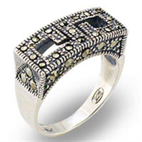 31002 - Antique Tone 925 Sterling Silver Ring with Semi-Precious Marcasite in Jet - Alamode - Flyclothing LLC