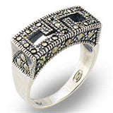 31002 - Antique Tone 925 Sterling Silver Ring with Semi-Precious Marcasite in Jet - Alamode - Flyclothing LLC