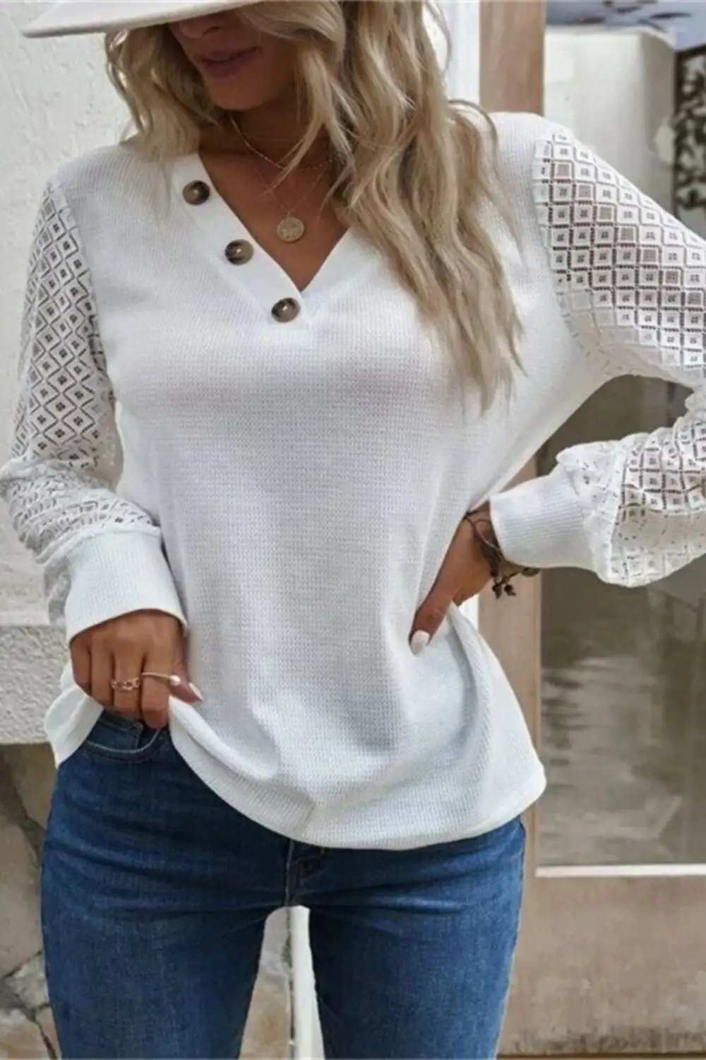 Decorative Button V-Neck Long Sleeve T-Shirt - Trendsi - Flyclothing LLC