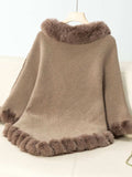Fuzzy Trim Texture Three-Quarter Sleeve Poncho - Trendsi - Flyclothing LLC