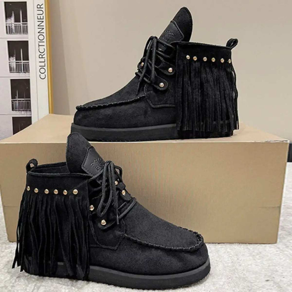 Fringe Studded Round Toe Canvas Boots - Trendsi - Flyclothing LLC