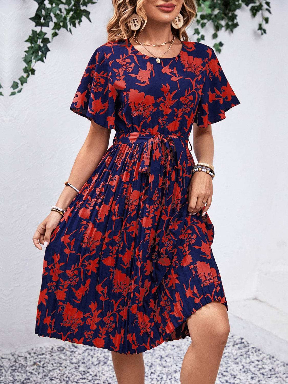 Printed Round Neck Short Sleeve Dress - Trendsi - Flyclothing LLC
