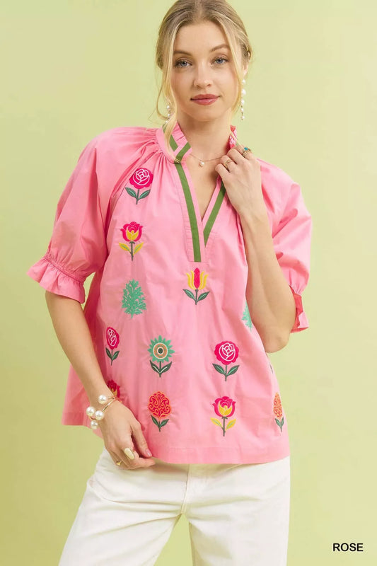Umgee Embroidered Floral Top with Contrast Trim - Trendsi - Flyclothing LLC