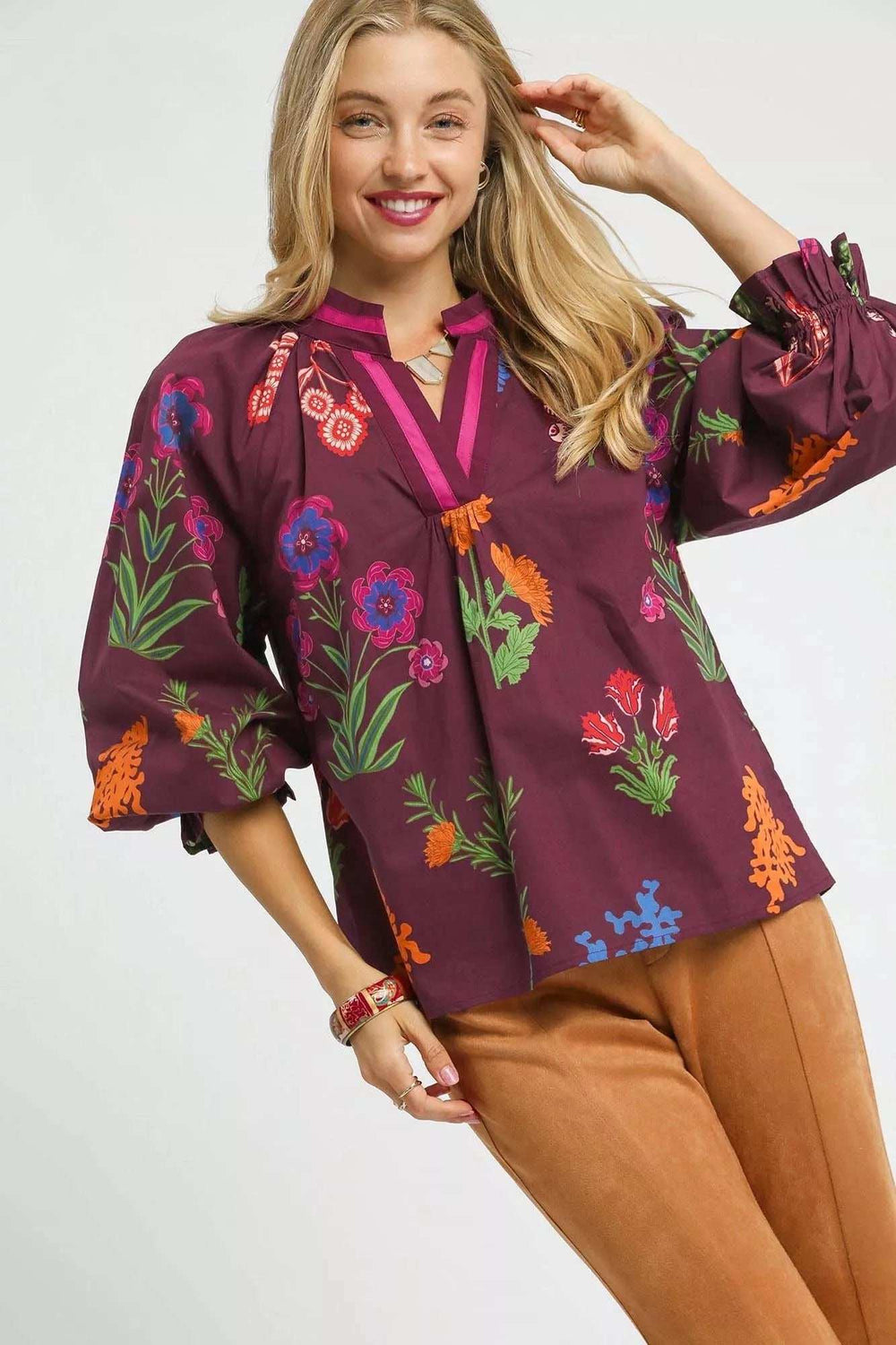 Umgee Floral Print Flounce Sleeve Blouse - Trendsi - Flyclothing LLC