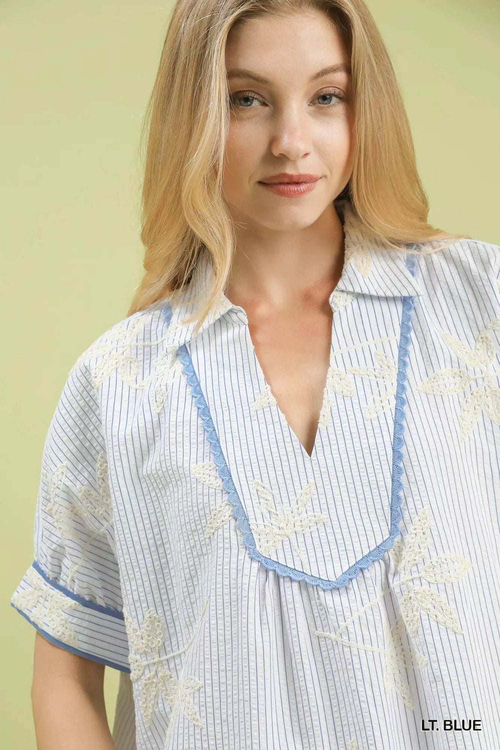 Umgee Striped Embroidered Blouse with Scallop Trim - Trendsi - Flyclothing LLC