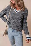 Cable-Knit V-Neck Long Sleeve Sweater - Trendsi - Flyclothing LLC