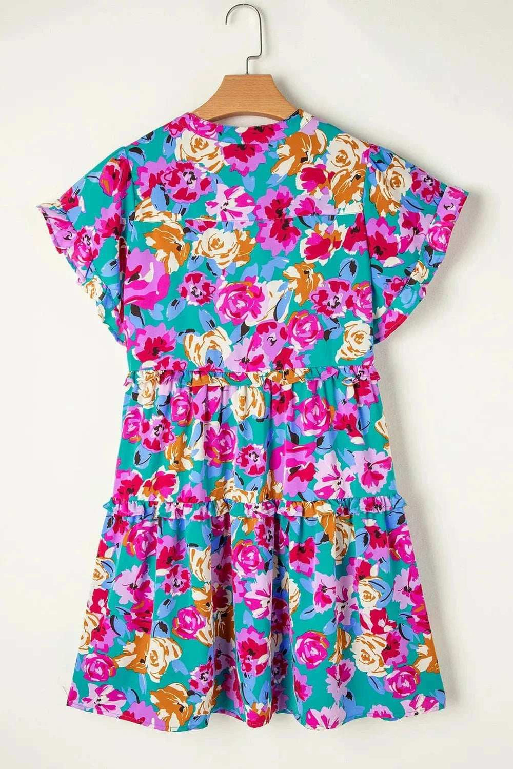 Ruffled Printed Notched Short Sleeve Mini Dress - Trendsi - Flyclothing LLC