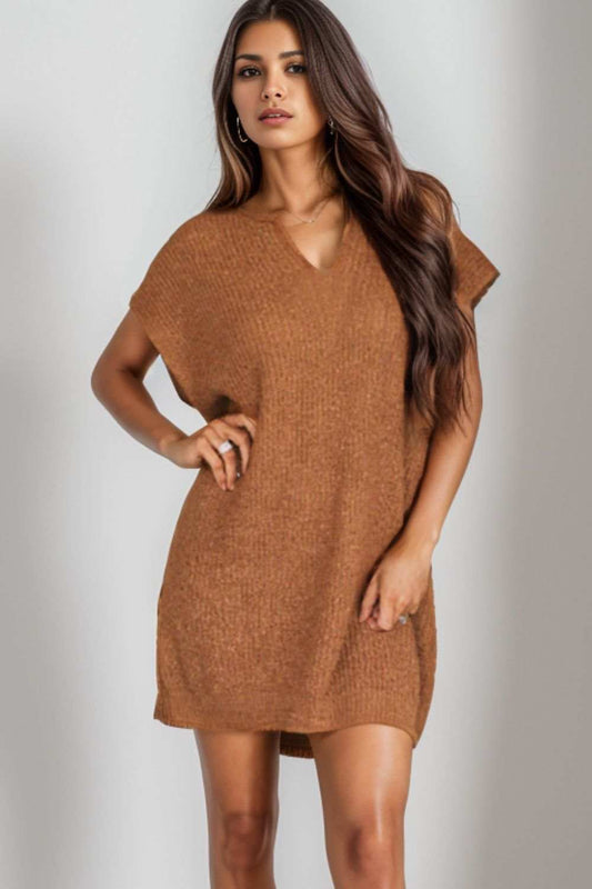Notched Cap Sleeve Mini Sweater Dress - Trendsi - Flyclothing LLC