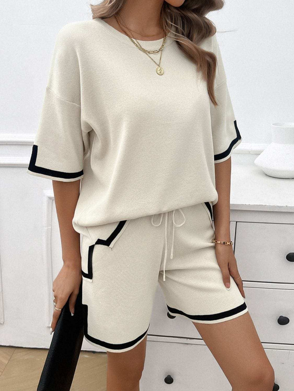 Contrast Trim Round Neck Top and Shorts Set - Trendsi - Flyclothing LLC