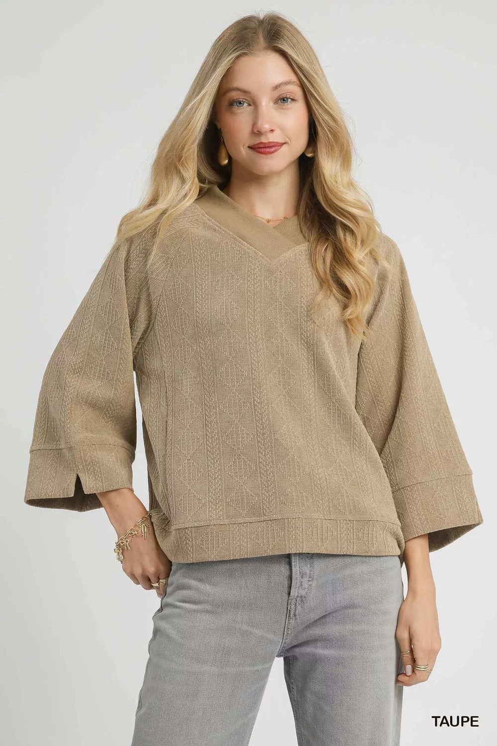 Umgee Textured Knit V-Neck Top - Trendsi - Flyclothing LLC