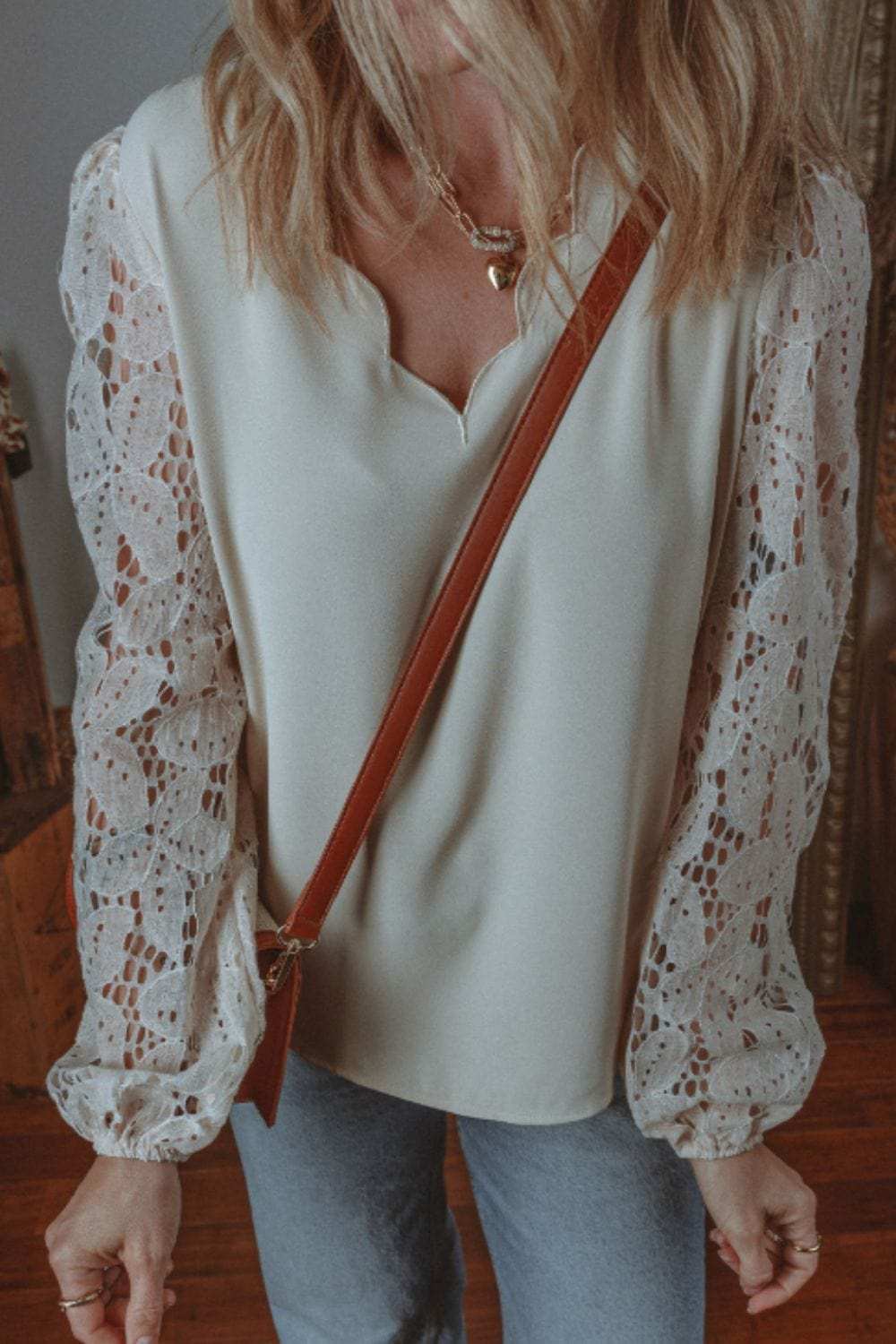 V Neck Lace Balloon Sleeve Blouse - Trendsi - Flyclothing LLC