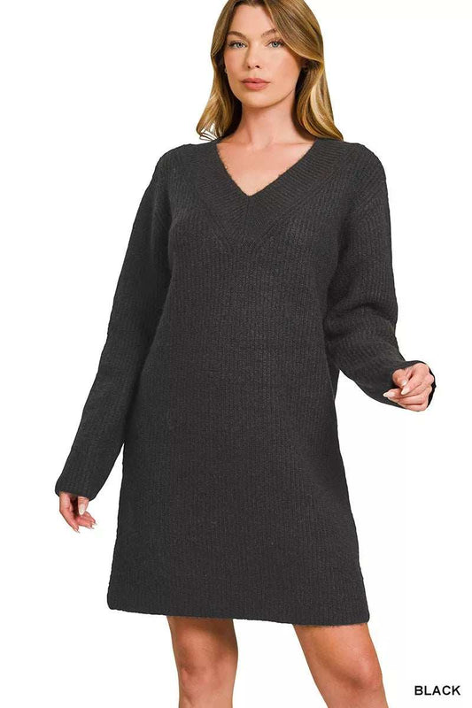 V-Neck Long Sleeve Ribbed Sweater Dress - Trendsi - Flyclothing LLC