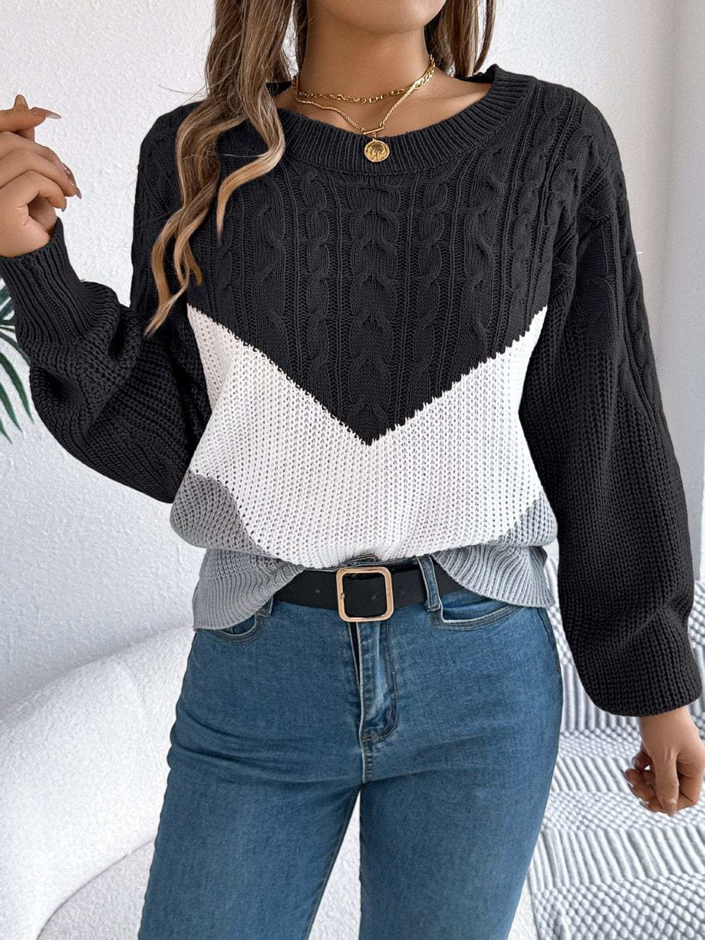 Cable-Knit Color Block Round Neck Sweater - Trendsi - Flyclothing LLC