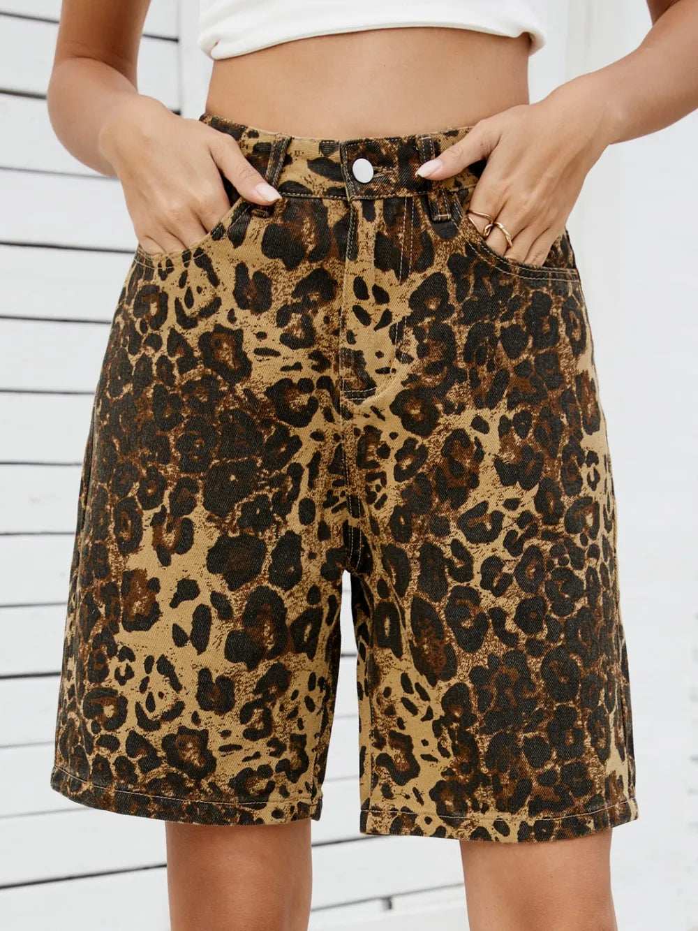 Leopard High Waist Denim Shorts - Trendsi - Flyclothing LLC