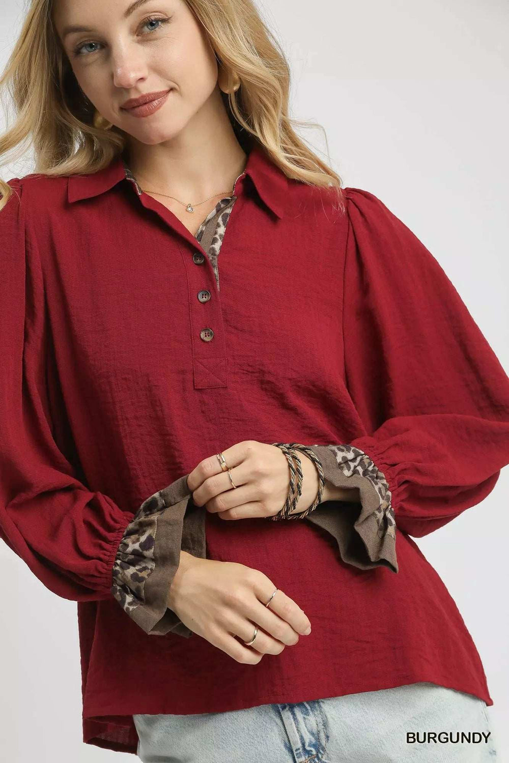 Umgee Half Button Blouse with Leopard Print Trim - Trendsi - Flyclothing LLC