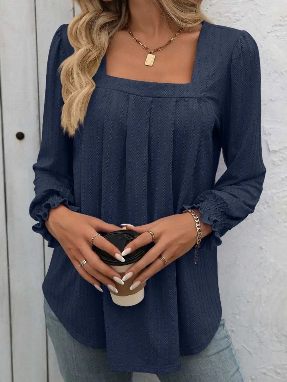 Square Neck Long Sleeve Top - Trendsi - Flyclothing LLC