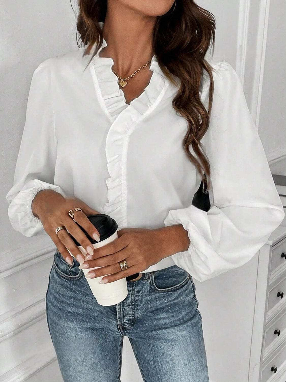 Ruffled V-Neck Long Sleeve Blouse - Trendsi - Flyclothing LLC