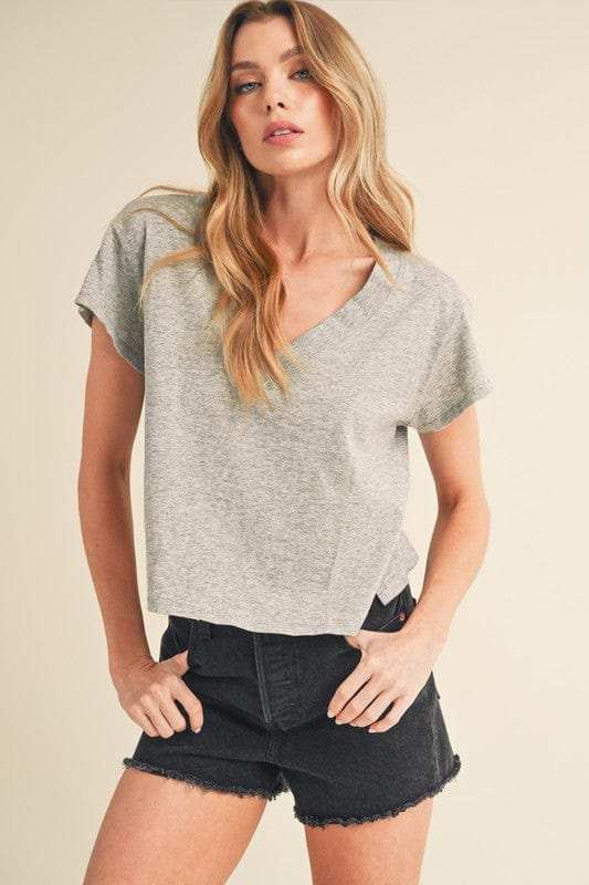 Aemi + Co Side Slit V-Neck Short Sleeve Cropped T-Shirt - Trendsi - Flyclothing LLC