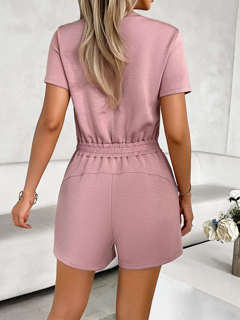 Tied Round Neck Short Sleeve Romper - Trendsi - Flyclothing LLC