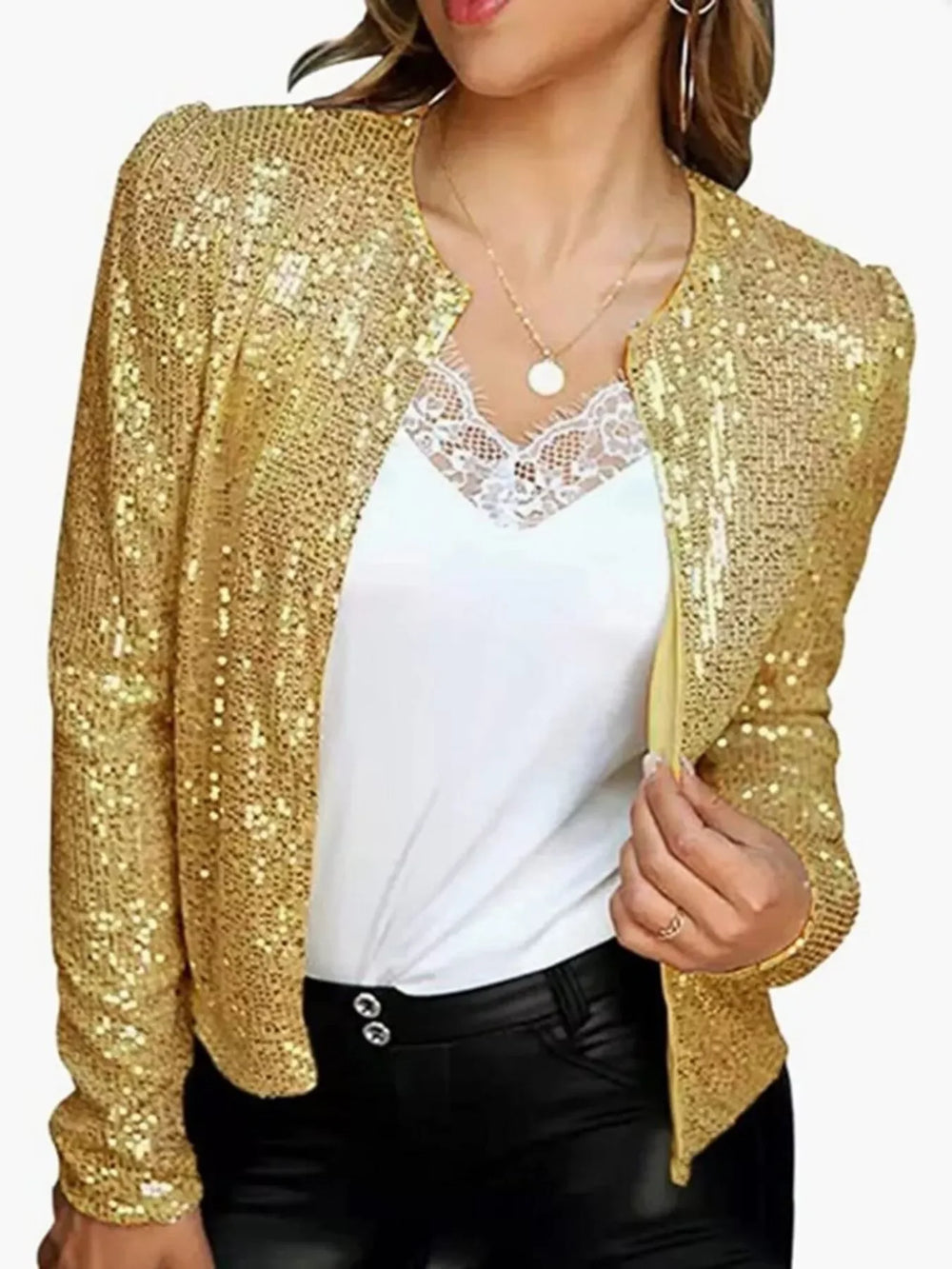 Full Size Sequin Long Sleeve Jacket Plus Size - Trendsi - Flyclothing LLC