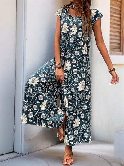 Perfee Printed Round Neck Cap Sleeve Wide Leg Jumpsuit - Trendsi - Flyclothing LLC
