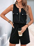 Perfee Drawstring Half Zip Sleeveless Romper - Trendsi - Flyclothing LLC
