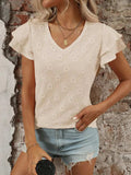 Eyelet V-Neck Ruffled Cap Sleeve Top - Trendsi - Flyclothing LLC