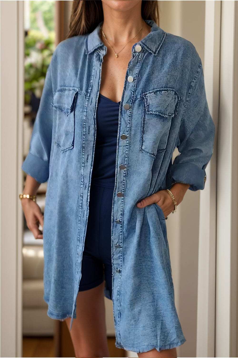 Full Size Pocketed Button Up Long Sleeve Denim Jacket - Trendsi - Flyclothing LLC