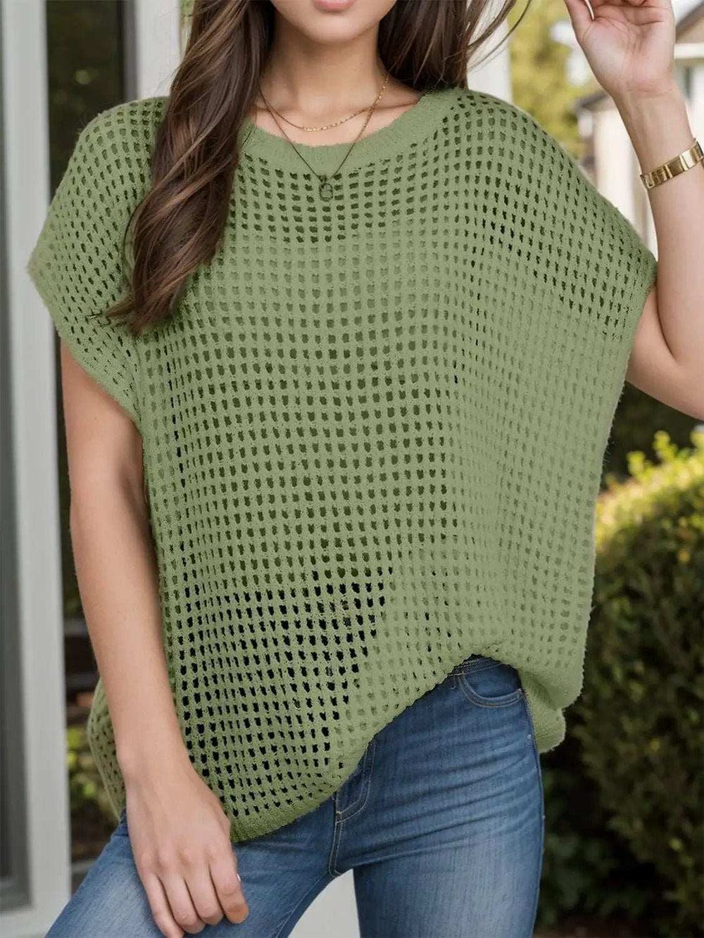 Openwork Round Neck Short Sleeve Cover-Up - Trendsi - Flyclothing LLC