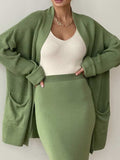 Pocketed Long Sleeve Cardigan and Skirt Sweater Set - Trendsi - Flyclothing LLC
