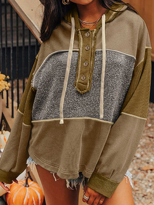Mixed Texture Patchwork Exposed Seam Half Button Hoodie - Trendsi - Flyclothing LLC