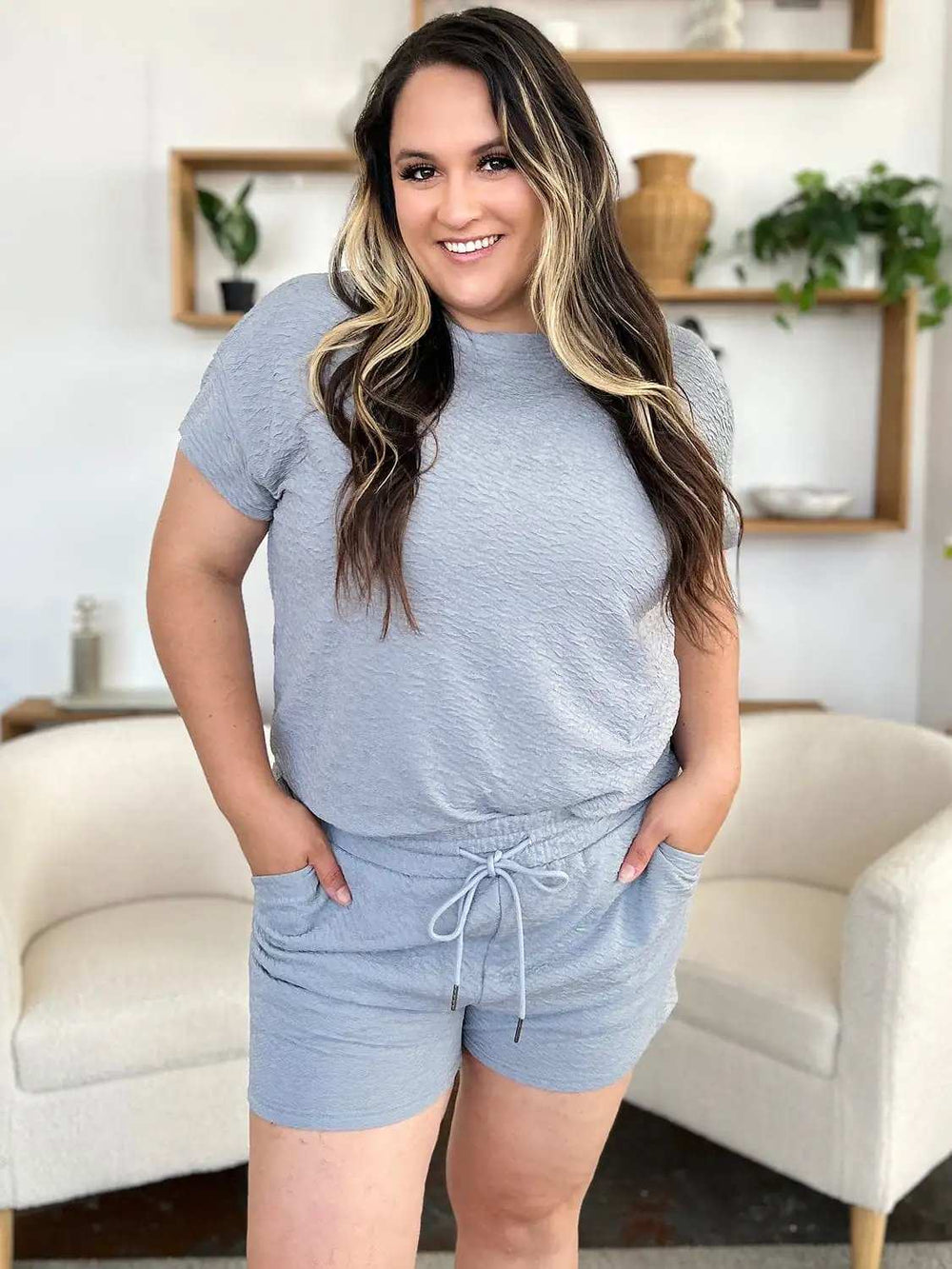 Double Take Full Size Texture Short Sleeve T-Shirt and Drawstring Shorts Set - Trendsi - Flyclothing LLC