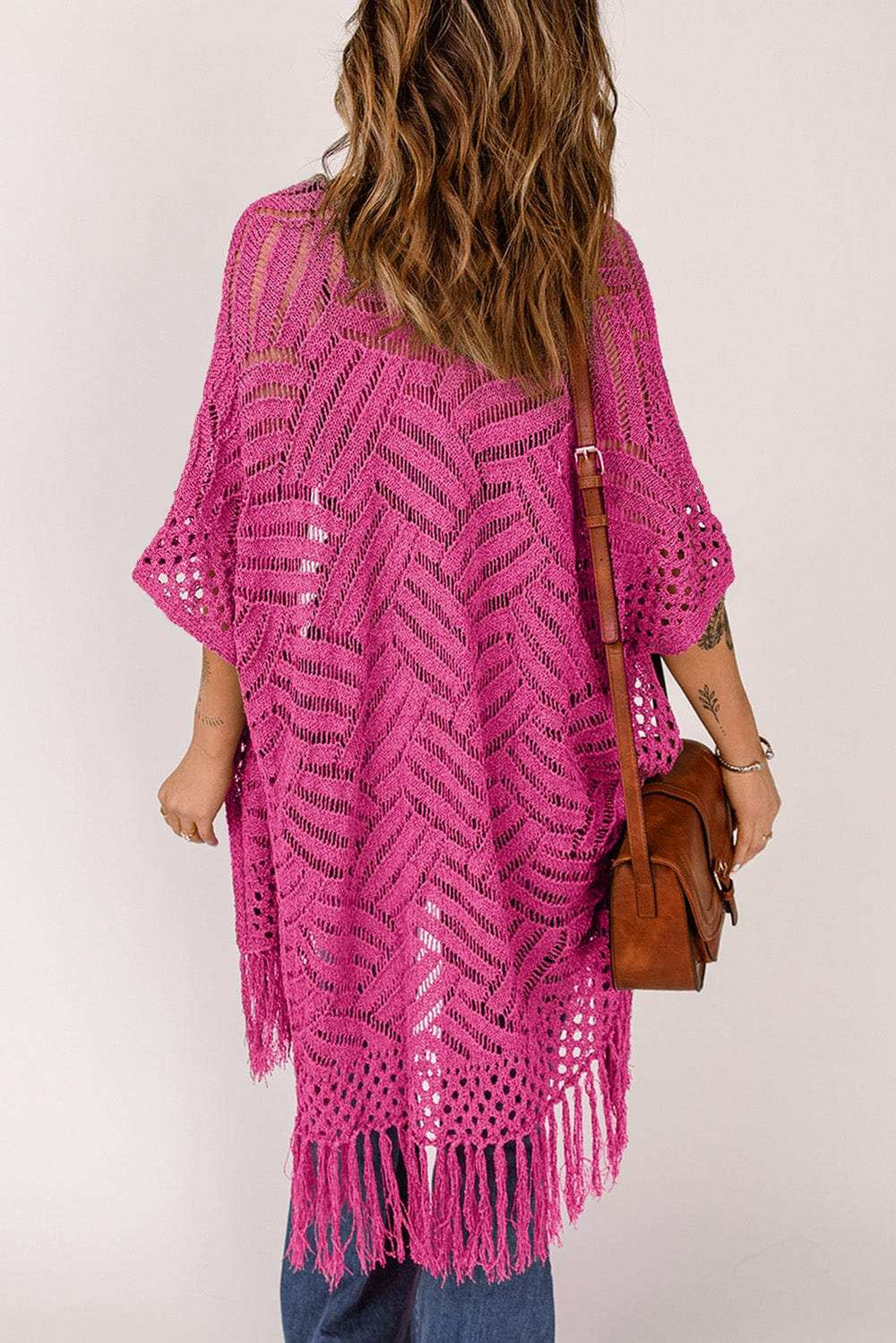Openwork Open Front Cardigan with Fringes - Trendsi - Flyclothing LLC